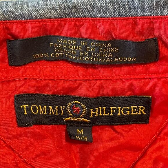 Y2K Tommy Hilfiger Quilted Lined Denim Shacket Jacket Blue Red Button Down Shirt - Picture 7 of 10